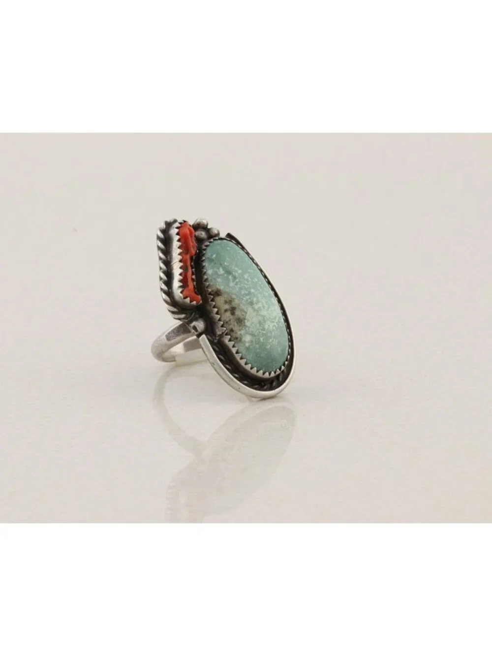 Sterling Silver Natural Turquoise & Coral Ring Size 7